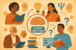 Welcome illustration showing diverse learners exploring educational content about psychology, culture, and human behavior through the Lucky Button educational platform