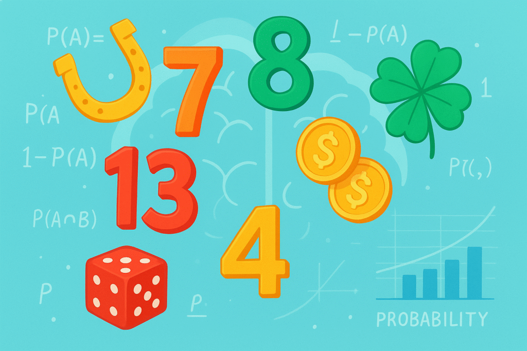 Colorful illustration showing lucky and unlucky numbers from different cultures with psychological and mathematical symbols representing the science behind numerical superstitions