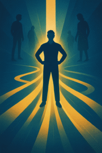 Confident person surrounded by opportunity pathways showing how self-belief creates luck and attracts success through psychological mechanisms