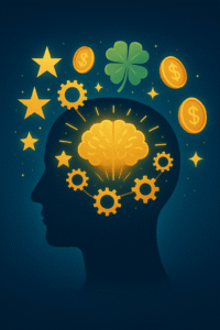 A human head silhouette with symbols of success and luck glowing inside.
