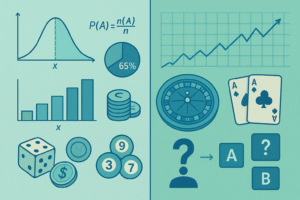 Mathematical visualization showing probability theory and statistics concepts with real-world applications, featuring charts, graphs, dice, and statistical formulas"
