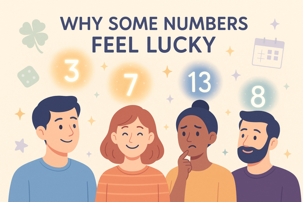 Flat-style illustration of people reacting to lucky numbers like 7 and 13, surrounded by dice, clovers, and stars.