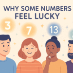 Flat-style illustration of people reacting to lucky numbers like 7 and 13, surrounded by dice, clovers, and stars.