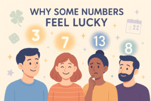 Flat-style illustration of people reacting to lucky numbers like 7 and 13, surrounded by dice, clovers, and stars.