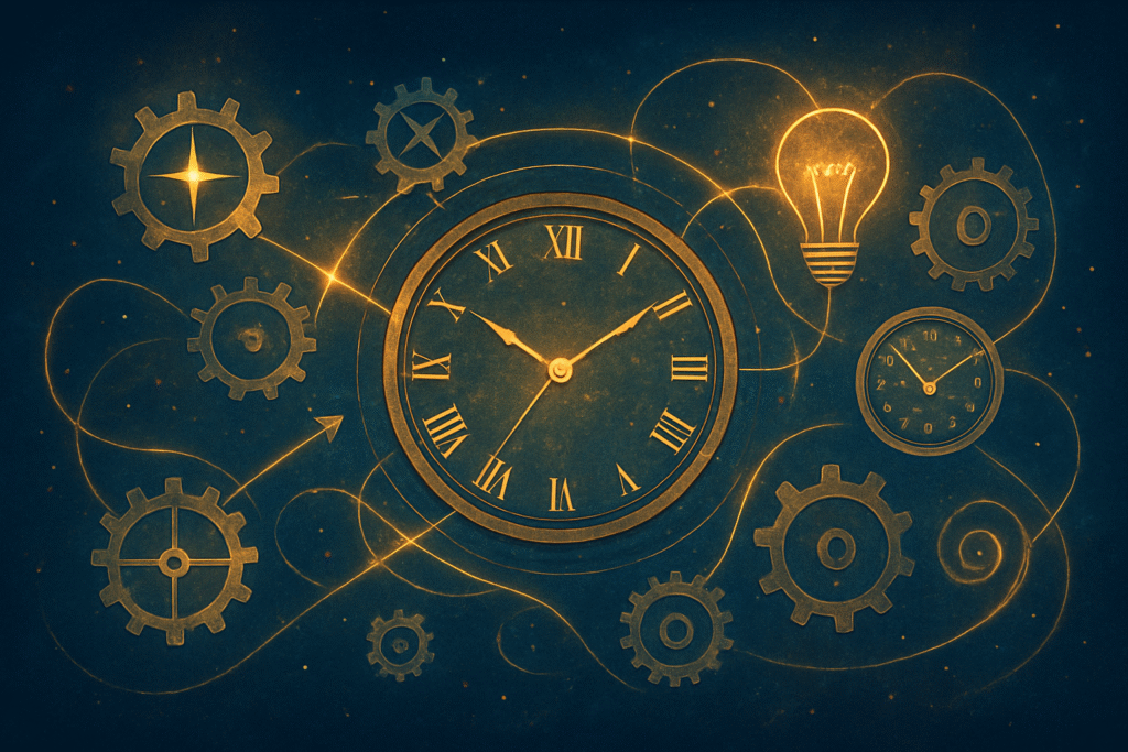 Abstract digital illustration of interconnected gears, clocks, and glowing symbols linked by light trails, representing synchronicity, in soft blue and golden tones.