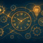 Abstract digital illustration of interconnected gears, clocks, and glowing symbols linked by light trails, representing synchronicity, in soft blue and golden tones.