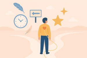 A minimalist 2D flat vector illustration of a person standing at a crossroads, surrounded by floating symbols of clocks, feathers, signs, and stars. A glowing golden thread extends from their heart toward one of the paths. The artwork uses soft pastel colors and a symbolic style, designed as a blog banner.