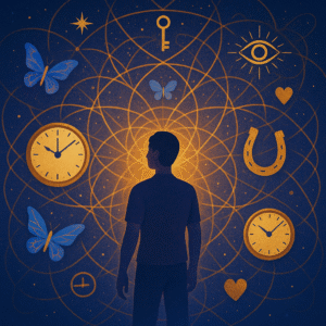 Artistic representation of synchronicity showing a person surrounded by meaningful symbols, golden threads, and cosmic patterns illustrating how coincidences connect life events in significant ways.