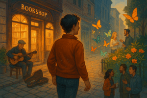 Illustration of a person discovering serendipitous moments on a city street, including a hidden bookstore, street music, and unexpected beauty in everyday surroundings