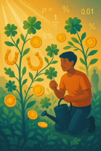Conceptual illustration of a person cultivating luck like a garden, with fortunate symbols growing as plants under scientific probability symbols and golden sunlight