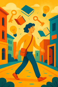 Illustration of a person encountering symbols of opportunity, representing the role of serendipity in everyday life.