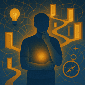 Illustration of a person experiencing intuitive decision-making with glowing inner light and multiple opportunity pathways, representing how gut feelings guide us toward beneficial outcomes and lucky breaks.