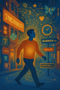 Illustration of a person navigating a city with visible synchronicity patterns - glowing signs, meaningful symbols, and connecting elements showing how to spot and harness meaningful coincidences in daily life.