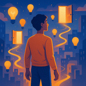 Illustration showing a person with intuitive insights represented by lightbulbs and pathways, symbolizing how gut feelings lead to lucky opportunities and better outcomes.