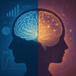 Brain illustration showing analytical thinking on one side with charts and logical elements, and intuitive thinking on the other side with flowing patterns and connections