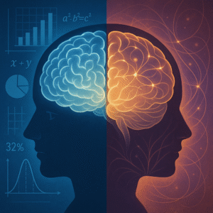 Brain illustration showing analytical thinking on one side with charts and logical elements, and intuitive thinking on the other side with flowing patterns and connections
