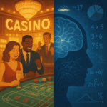 Gambling psychology and casino mathematics - split image showing casino floor versus statistical analysis and brain science behind house edge