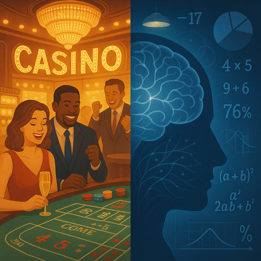Gambling psychology and casino mathematics - split image showing casino floor versus statistical analysis and brain science behind house edge