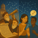 This digital illustration depicts the evolution of astrology and stargazing, with ancient astronomers studying star charts and telescopes on one side, and modern people reading horoscopes on smartphones on the other. Flowing constellations connect the two eras, symbolizing the timeless human fascination with the stars and their influence on daily life.