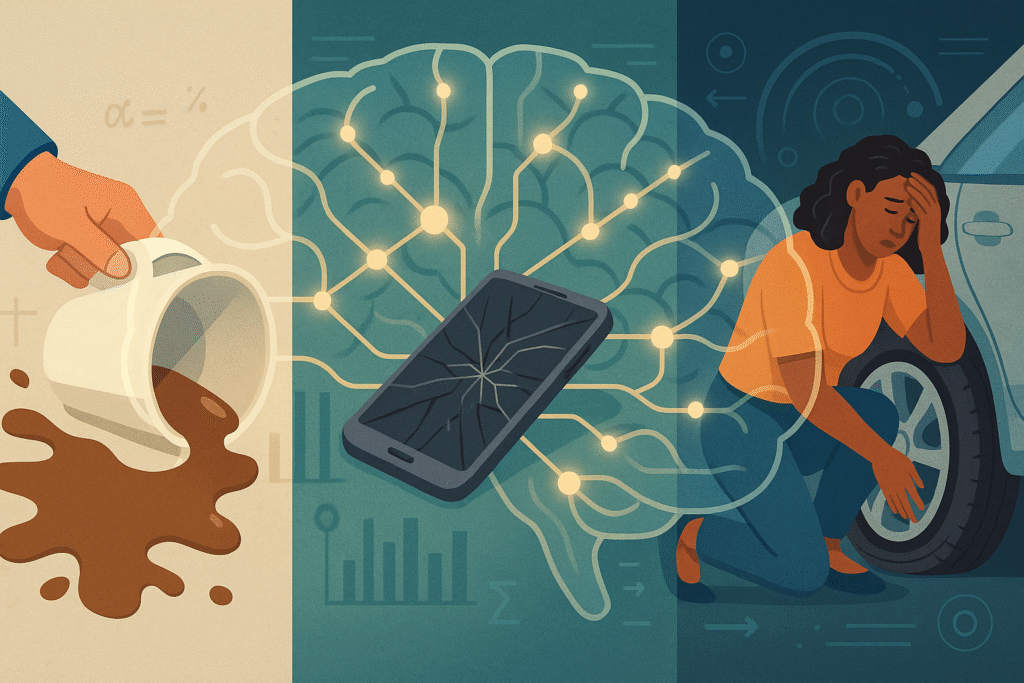 Illustration showing three bad luck events (spilled coffee, broken phone, flat tire) with brain imagery demonstrating how our minds create patterns and perceive bad luck clusters through cognitive psychology