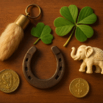 Diverse collection of lucky charms including rabbit's foot, four-leaf clover, horseshoe, and other cultural symbols representing the global phenomenon of believing in lucky objects