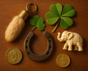 Diverse collection of lucky charms including rabbit's foot, four-leaf clover, horseshoe, and other cultural symbols representing the global phenomenon of believing in lucky objects