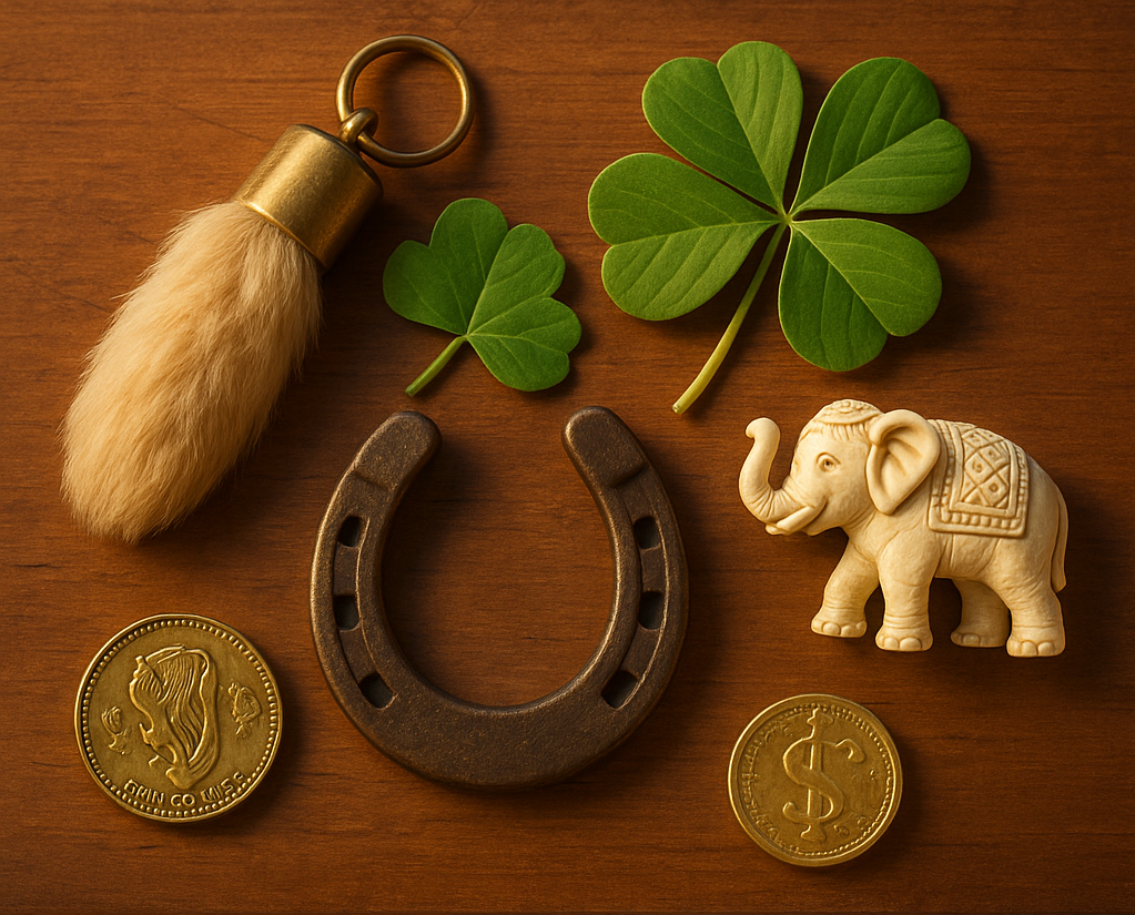 Diverse collection of lucky charms including rabbit's foot, four-leaf clover, horseshoe, and other cultural symbols representing the global phenomenon of believing in lucky objects