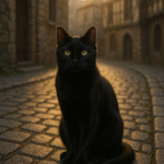 Beautiful black cat sitting on medieval cobblestone street representing the historical connection between black cats and superstition