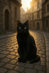 Beautiful black cat sitting on medieval cobblestone street representing the historical connection between black cats and superstition
