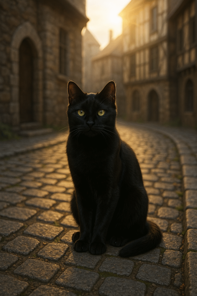 Beautiful black cat sitting on medieval cobblestone street representing the historical connection between black cats and superstition