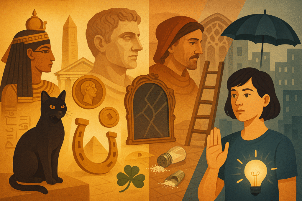 Historical timeline illustration showing the evolution of superstitions from ancient civilizations to modern times, featuring symbolic elements like black cats, broken mirrors, and ladders across different cultural periods