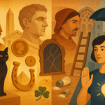 Historical timeline illustration showing the evolution of superstitions from ancient civilizations to modern times, featuring symbolic elements like black cats, broken mirrors, and ladders across different cultural periods